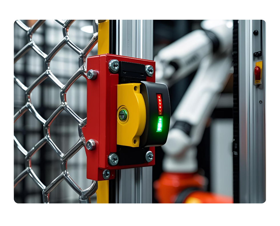 Locking solenoid over a machine guard fence to prevent unauthorized entry to a machine area.