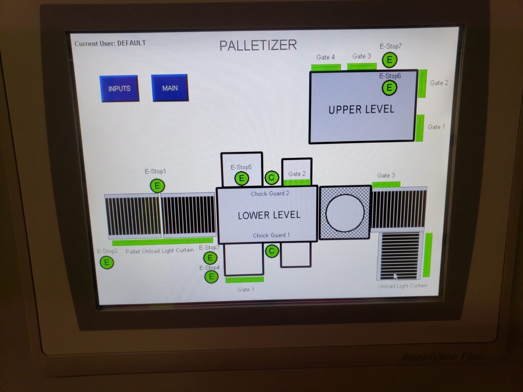PanelView Plus HMI screen displaying a palletizer safety status layout with E-stops, light curtains, and gate indicators.