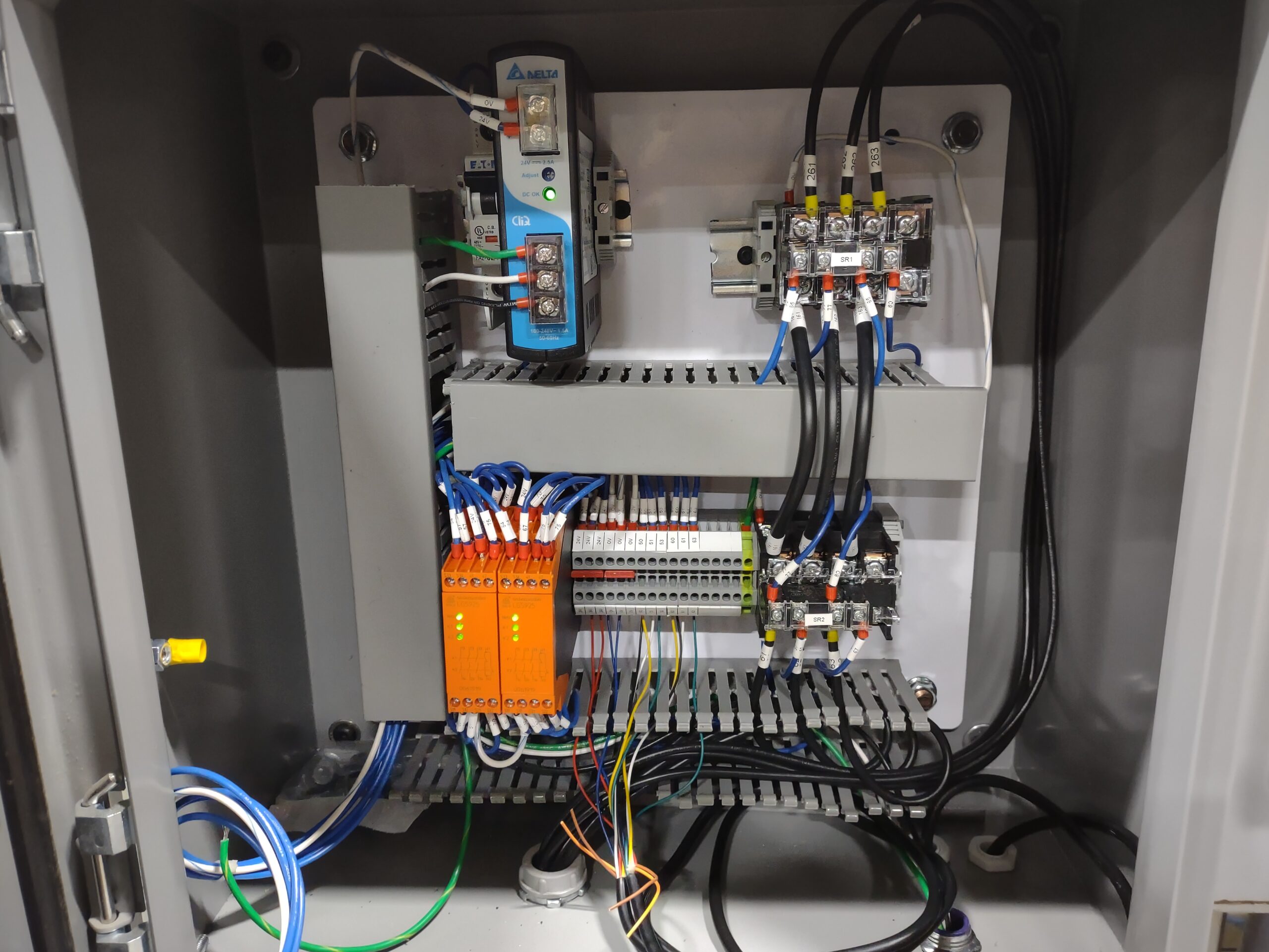 Interior of an industrial electrical control enclosure featuring a Delta power supply, orange safety relays, terminal blocks, and neat wire management on a white backplate.